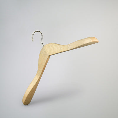 A Rustic Motifs Natural Wooden Jacket Top Coat Hanger 38cm with a metal hook, designed for hanging jackets or shirts. The solid wood hanger has a curved shape and broad shoulders to provide better support for garments, depicted against a plain, light grey background. Perfect for wardrobe organization.