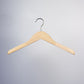 A simple Rustic Motifs Natural Wooden Jacket Top Coat Hanger 38cm with a metal hook is suspended against a plain grey background. The solid wood hanger has a smooth, light finish and slightly curved ends, perfect for holding garments and enhancing wardrobe organization.