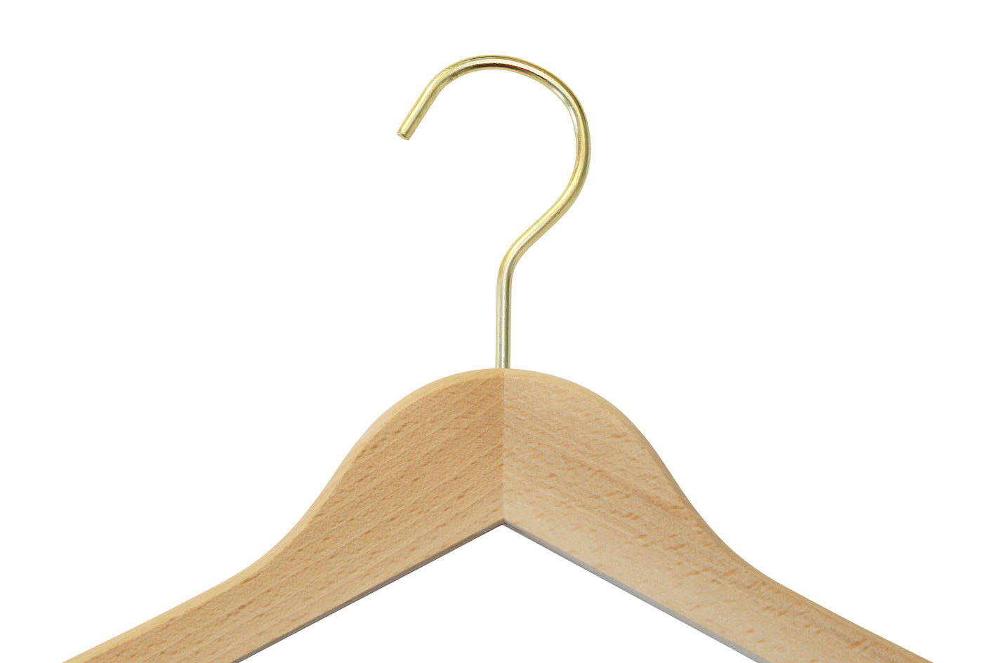 A Natural Wooden Thick Top Jacket and Bridal Hanger 39cm by Rustic Motifs with a curved, gold-colored metal hook at the top is shown against a white background. This bridal notch hanger has a smooth finish, traditional triangular shape, and a natural wood color.