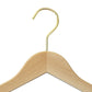 A Natural Wooden Thick Top Jacket and Bridal Hanger 39cm by Rustic Motifs with a curved, gold-colored metal hook at the top is shown against a white background. This bridal notch hanger has a smooth finish, traditional triangular shape, and a natural wood color.