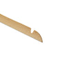 Close-up of the wooden end of a crochet hook with a notched tip for pulling yarn through loops during crocheting. The image highlights the smooth texture and precise crafting of the tool, reminiscent of the quality found in Rustic Motifs Natural Wooden Thick Top Jacket and Bridal Hanger 39cm. The background is plain white.
