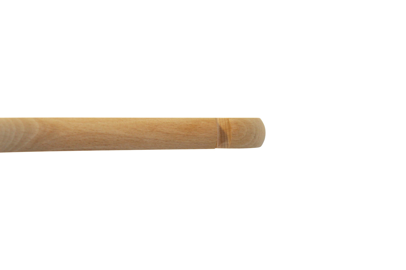 A close-up image of the end of a Natural Wooden Thick Top Jacket and Bridal Hanger 39cm with a smooth, cylindrical shape. The hanger, from Rustic Motifs, appears to be made of light-colored wood and has a rounded tip. The background is plain white.