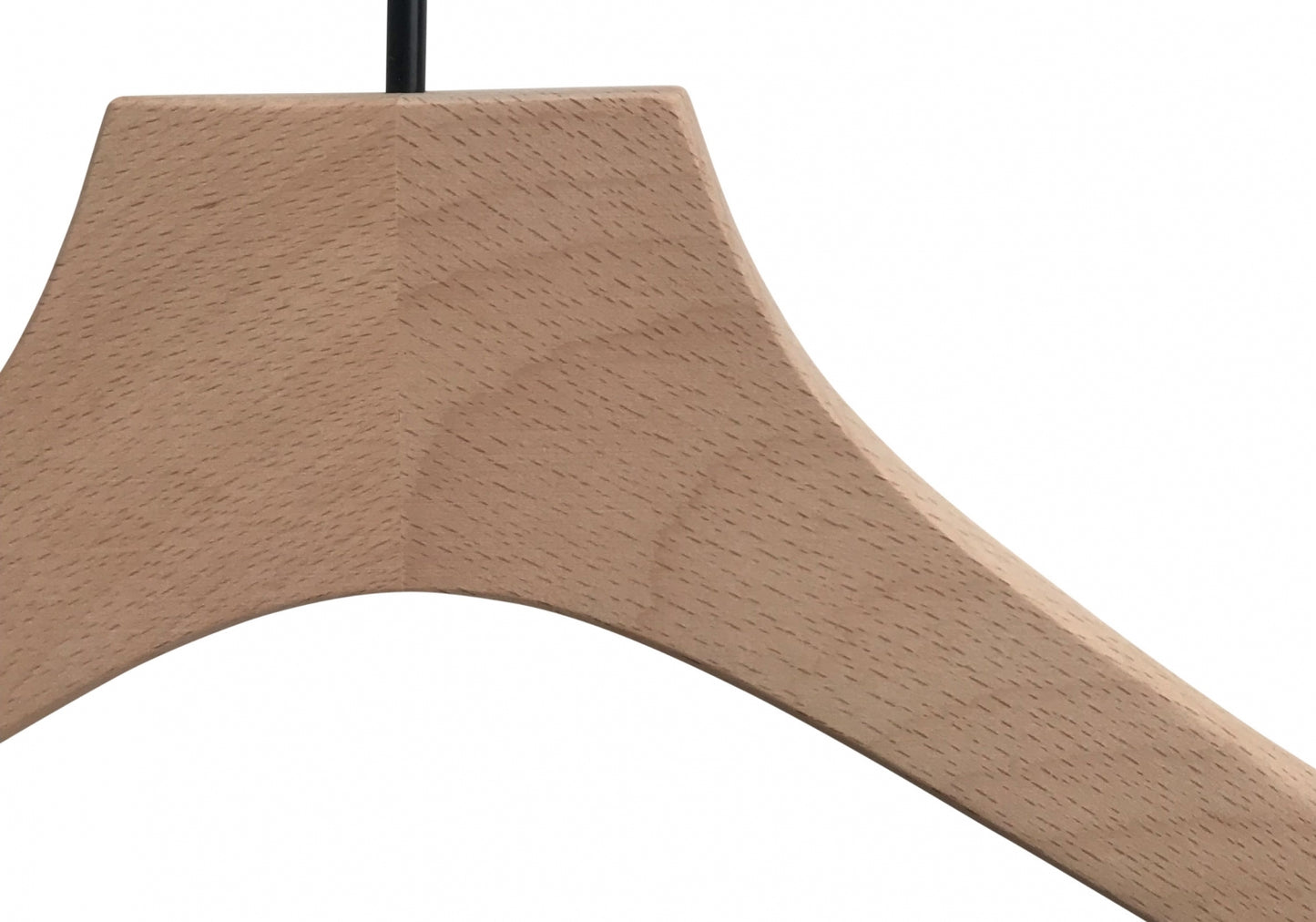 Close-up of the top part of a Rustic Motifs Premium Natural Wooden Top Jacket Hanger 37cm against a plain white background. The image shows the angled shoulders and the straight neck leading to a metal hook at the top, with a visible wood grain pattern on the surface, making it ideal for refined closet organization.