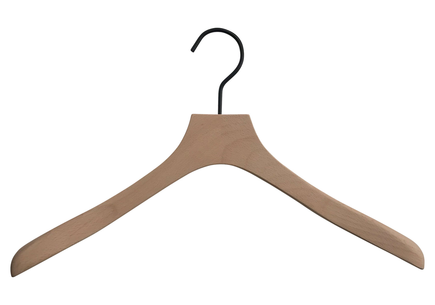 A Rustic Motifs Premium Natural Wooden Top Jacket Hanger 37cm with a black metal hook, designed for hanging shirts, jackets, or dresses. The hanger features a smooth, natural finish and is photographed against a white background, making it ideal for closet organization.
