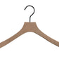 A Rustic Motifs Premium Natural Wooden Top Jacket Hanger 37cm with a black metal hook, designed for hanging shirts, jackets, or dresses. The hanger features a smooth, natural finish and is photographed against a white background, making it ideal for closet organization.