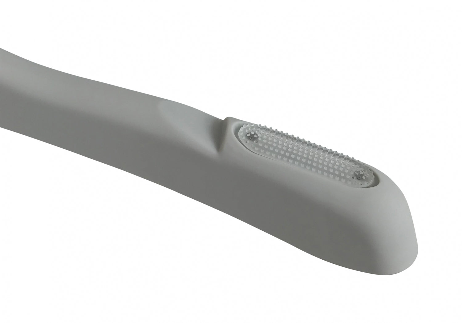 Close-up image of a sleek, white, streamlined object resembling an elegant hanger with a textured, rectangular, translucent element embedded on top. The object's purpose isn't clearly identifiable but it appears modern and possibly part of a larger closet organization system. This object is the Premium Soft Touch Plastic Coat Hanger 39cm by Rustic Motifs.