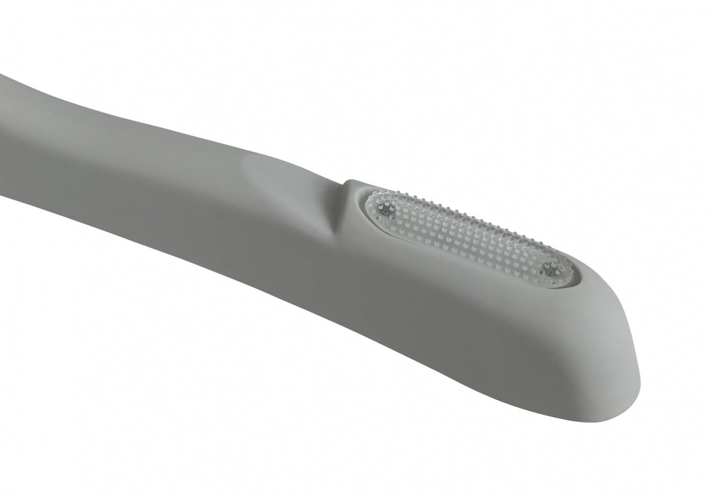 Close-up image of a sleek, white, streamlined object resembling an elegant hanger with a textured, rectangular, translucent element embedded on top. The object's purpose isn't clearly identifiable but it appears modern and possibly part of a larger closet organization system. This object is the Premium Soft Touch Plastic Coat Hanger 39cm by Rustic Motifs.