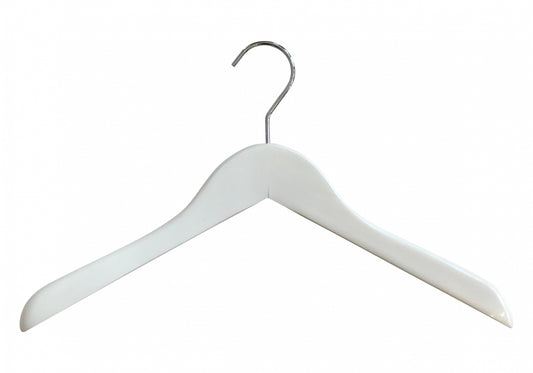 A premium-quality White Ash Wooden Jacket Coat Hanger 44cm by Rustic Motifs with a metal hook at the top. The hanger's curved design and wide ends make it ideal for hanging garments like coats or blouses. The background is plain white, emphasizing the elegance of these White Ash Wooden Jacket Coat Hangers 44cm by Rustic Motifs.