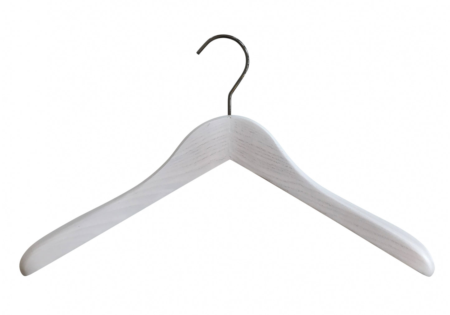 A single premium-quality White Ash Wooden Jacket Coat Hanger 44cm by Rustic Motifs, featuring a broad-shouldered design suitable for holding a variety of clothing items. The image is set against a plain white background, showcasing its elegance and durability for jacket or coat hangers needs.