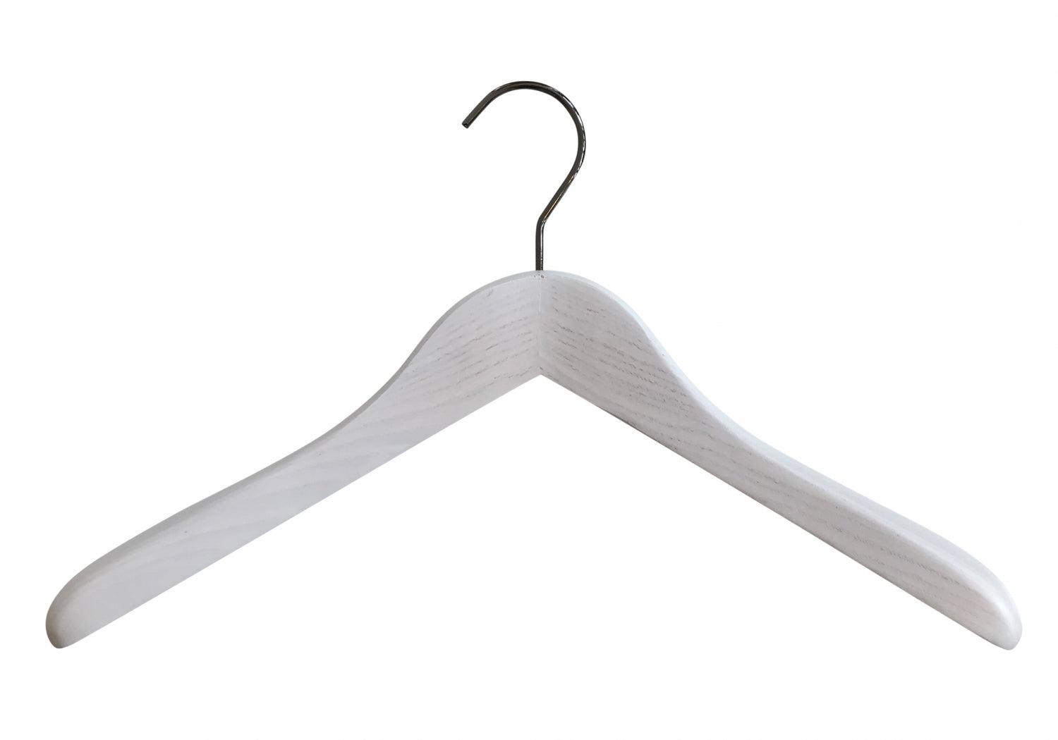 A single premium-quality White Ash Wooden Jacket Coat Hanger 44cm by Rustic Motifs, featuring a broad-shouldered design suitable for holding a variety of clothing items. The image is set against a plain white background, showcasing its elegance and durability for jacket or coat hangers needs.