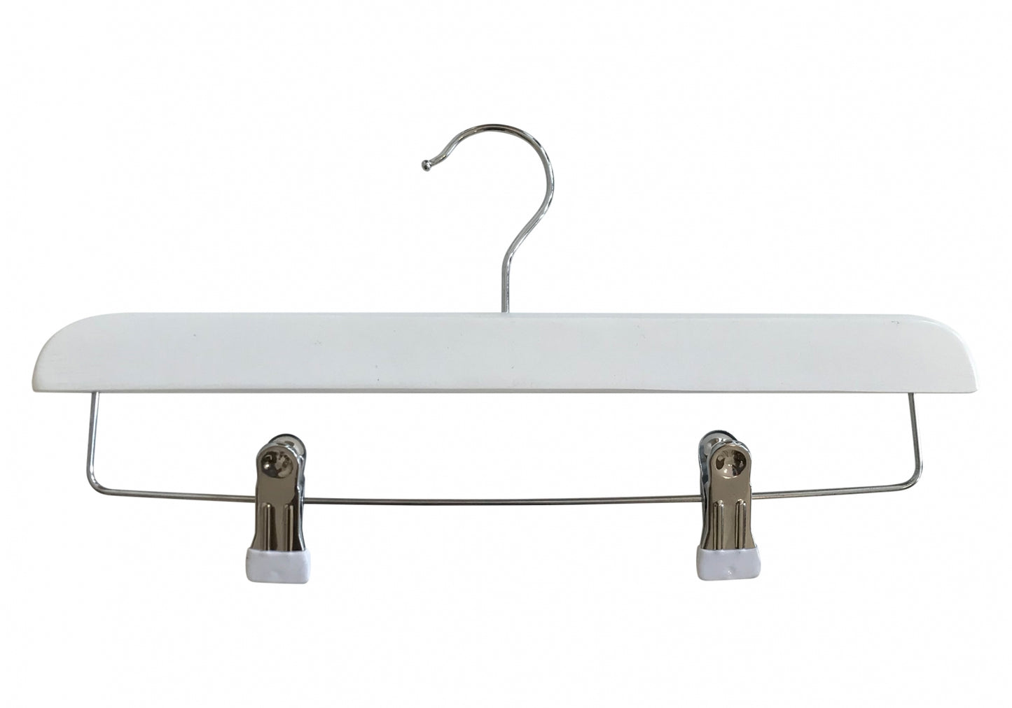 Image shows a sleek White Gloss Wooden Clip Bottom Hanger 35cm from Rustic Motifs with metal clips. The hanger features a curved hook at the top for hanging and two metal clips with white plastic grips for securing clothing, ideal for wardrobe organization. The background is plain white.