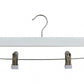 Image shows a sleek White Gloss Wooden Clip Bottom Hanger 35cm from Rustic Motifs with metal clips. The hanger features a curved hook at the top for hanging and two metal clips with white plastic grips for securing clothing, ideal for wardrobe organization. The background is plain white.