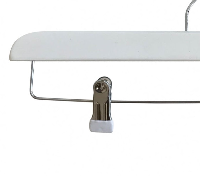 A Rustic Motifs White Gloss Wooden Clip Bottom Hanger 35cm with a silver metal hook is shown against a plain background. The high-quality wood top bar and sturdy clips are perfect for wardrobe organization.