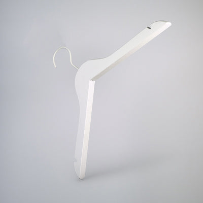 A Rustic Motifs White Wood Sustainable Thick Top Jacket Bridal Hanger with Hooks 39cm is suspended against a plain light gray background. The hanger features a simple hook on top for hanging and a straight flat section designed to support garments, exemplifying the elegance of a Bridal Notch Hanger.
