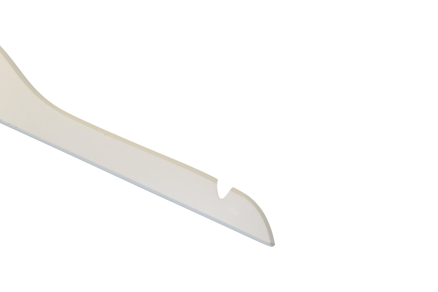A close-up of a Rustic Motifs White Wood Sustainable Thick Top Jacket Bridal Hanger with Hooks 39cm, featuring a notched and pointed end, likely used for prying or opening objects. The hanger has a smooth, flat surface and appears minimalist in design, resembling sections of a white wood hanger. It features a slight curvature along the length against a plain white background.