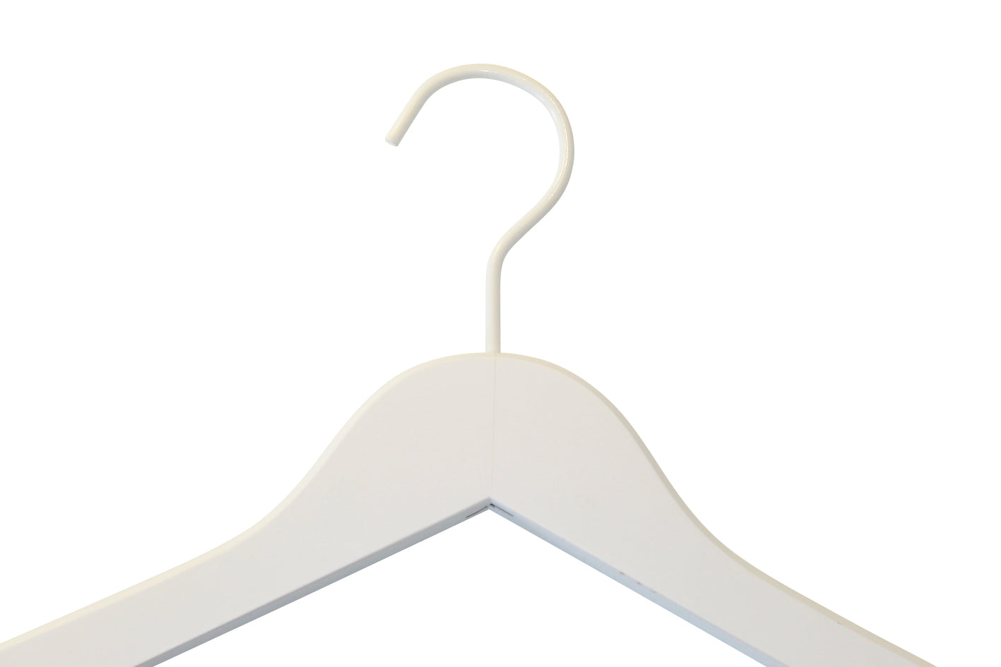 A White Wood Sustainable Thick Top Jacket Bridal Hanger with Hooks 39cm by Rustic Motifs is shown against a plain white background. This sustainable hanger features a smooth and simple design, with slightly curved shoulders to support clothing, making it an ideal choice for eco-conscious households.