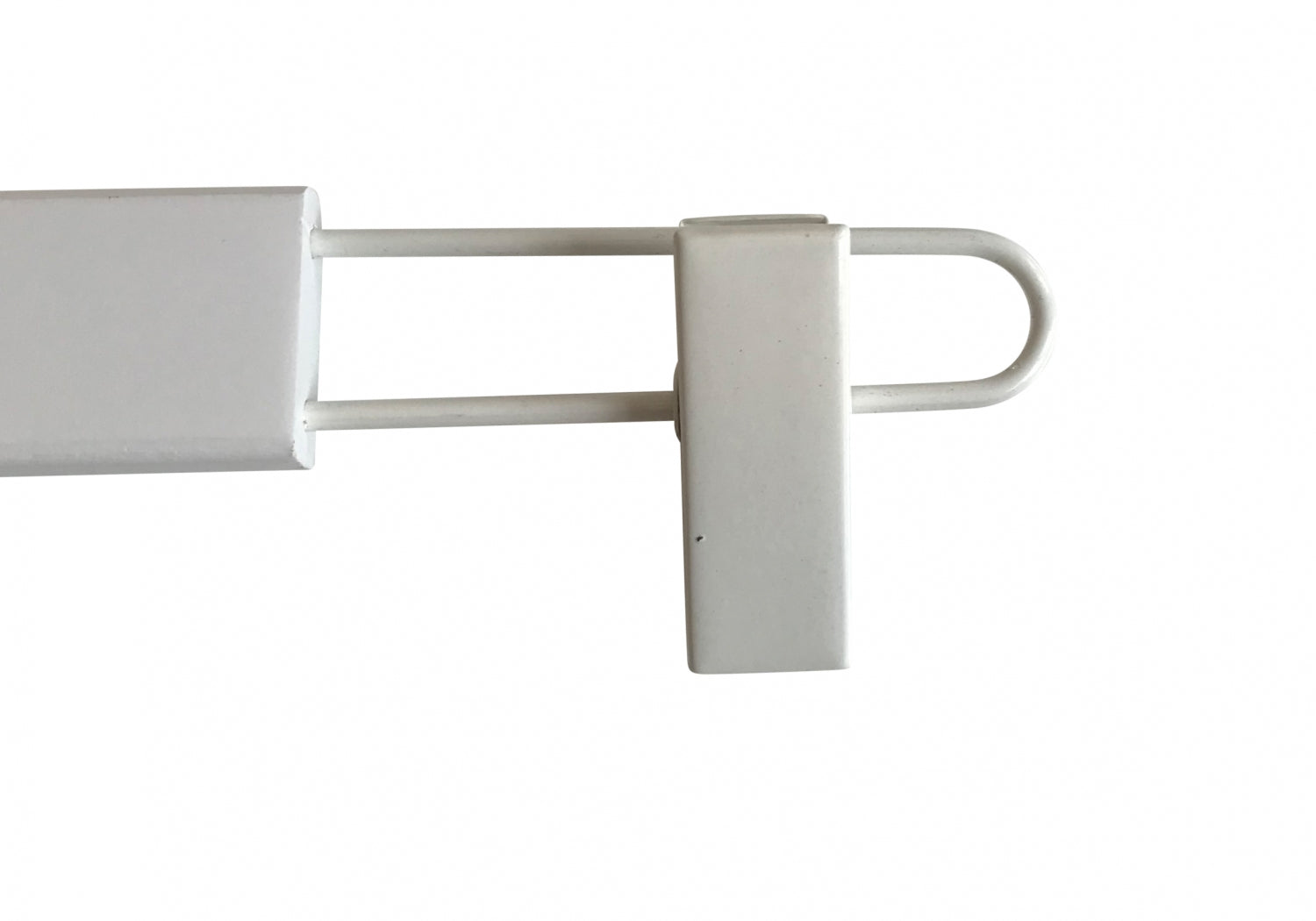 A white wooden clip bottom hanger, 37cm, by Rustic Motifs with a squared flat handle and a rectangular protrusion, featuring an elongated thin section ending in a loop. This isolated item against a plain white background resembles the precision of premium wood hangers for crease-free garment organization.