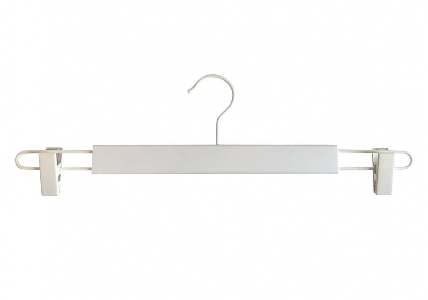A minimalist White Wooden Clip Bottom Hanger 37cm by Rustic Motifs with metal clips on both ends for securing garments. It features a central horizontal bar and a metal hook at the top for hanging. Ensuring crease-free garment organization, its design is simple and functional, with a clean, modern aesthetic.