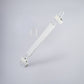 Introducing the Rustic Motifs White Wooden Clip Bottom Hanger 37cm, a minimalistic clothes hanger designed for crease-free garment organization. It features a broad central bar and metal hooks at both ends for gripping the waistband, with a rotating hook at the top. The premium wood hanger is set against a plain light grey background.