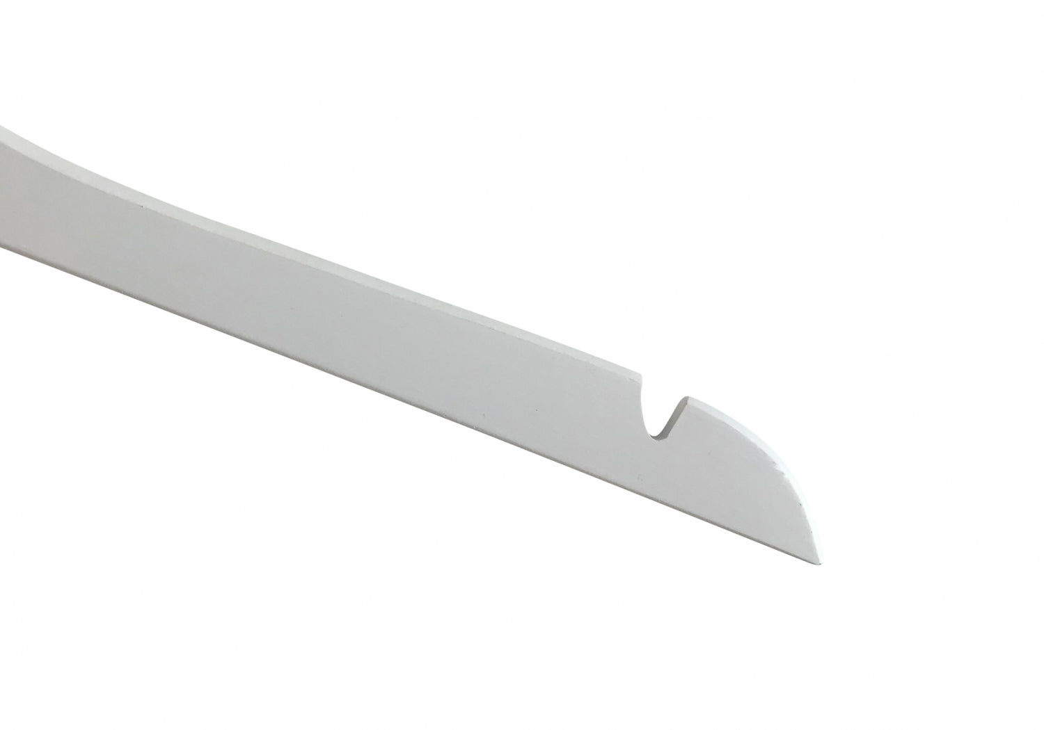 A white, flat, elongated tool with a hooked, notched end, designed for specific purposes such as opening boxes or lifting small items. Much like the Rustic Motifs White Wooden Clothes Hanger with Notch 38cm that aids in closet organization, its single notch near the tip is designed to catch or grip objects. The image is set against a plain white background.