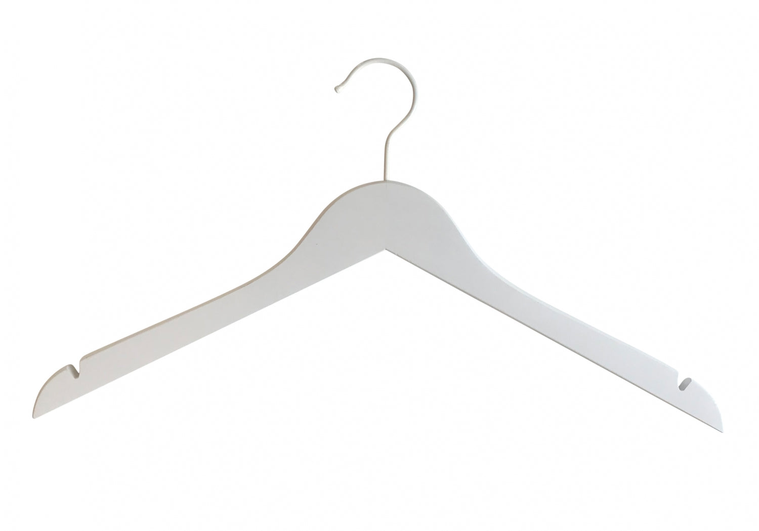 A White Wooden Clothes Hanger with Notch 38cm from Rustic Motifs with a metal hook at the top. The hanger has a simple, classic design with notches on the shoulders to help hold straps and prevent clothing from slipping. Perfect for enhancing closet organization against a plain white background.