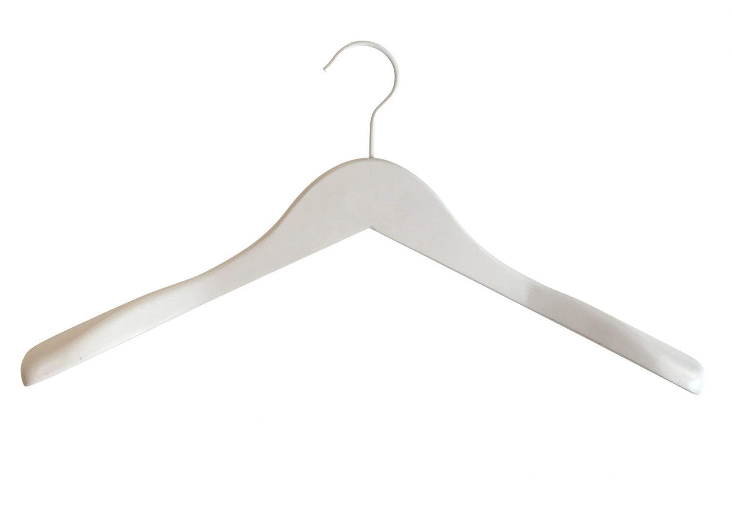 A single, durable white wooden jacket hanger with a metal hook at the top is centered against a plain white background. The **Rustic Motifs White Wooden Jacket Top Coat Hanger 44cm** boasts a curved shape and widened shoulder ends, designed to hold garments securely.