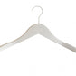 A single, durable white wooden jacket hanger with a metal hook at the top is centered against a plain white background. The **Rustic Motifs White Wooden Jacket Top Coat Hanger 44cm** boasts a curved shape and widened shoulder ends, designed to hold garments securely.