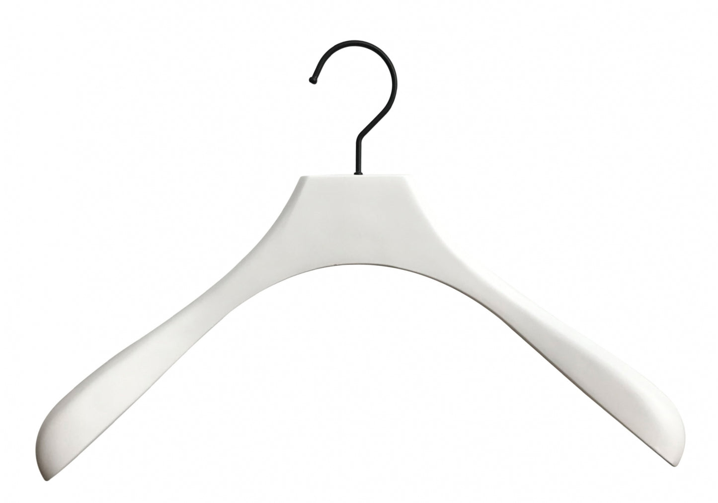 A White Wooden Jacket Top Coat Hanger 38cm by Rustic Motifs with broad, curved shoulders designed for holding heavy garments. This top coat hanger features a black metal hook at the top for hanging in closets. The clean, minimalist design makes this jacket hanger suitable for various clothing items.