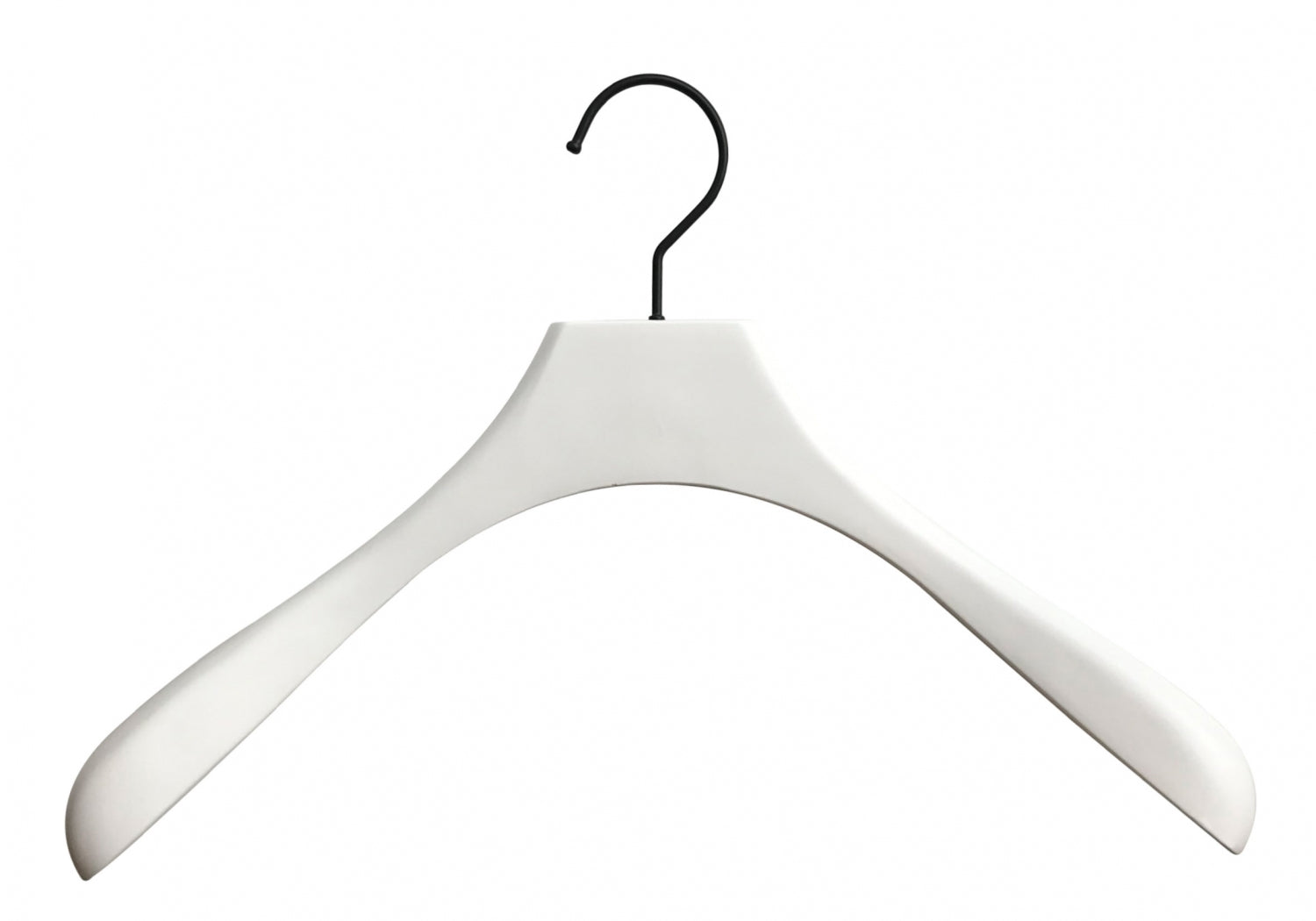 A White Wooden Jacket Top Coat Hanger 38cm by Rustic Motifs with broad, curved shoulders designed for holding heavy garments. This top coat hanger features a black metal hook at the top for hanging in closets. The clean, minimalist design makes this jacket hanger suitable for various clothing items.