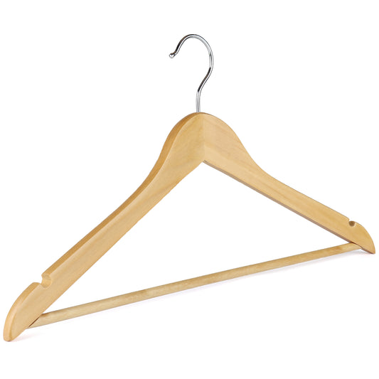 A Rustic Motifs Wooden Natural Top With Bar 44cm. This elegant piece features a trouser bar at the bottom and two notches on either side for hanging straps.
