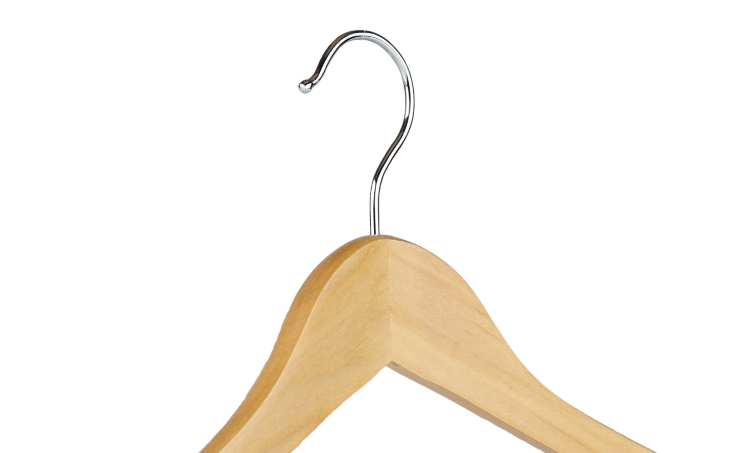 A Rustic Motifs Wooden Natural Top With Bar 44cm with a shiny, metallic hook at the center. The hanger's triangular shape and smooth, polished surface are designed to hold clothing items securely. Notches on shoulder seams ensure added grip, while the plain white background highlights its elegance.