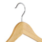 A Rustic Motifs Wooden Natural Top With Bar 44cm with a shiny, metallic hook at the center. The hanger's triangular shape and smooth, polished surface are designed to hold clothing items securely. Notches on shoulder seams ensure added grip, while the plain white background highlights its elegance.