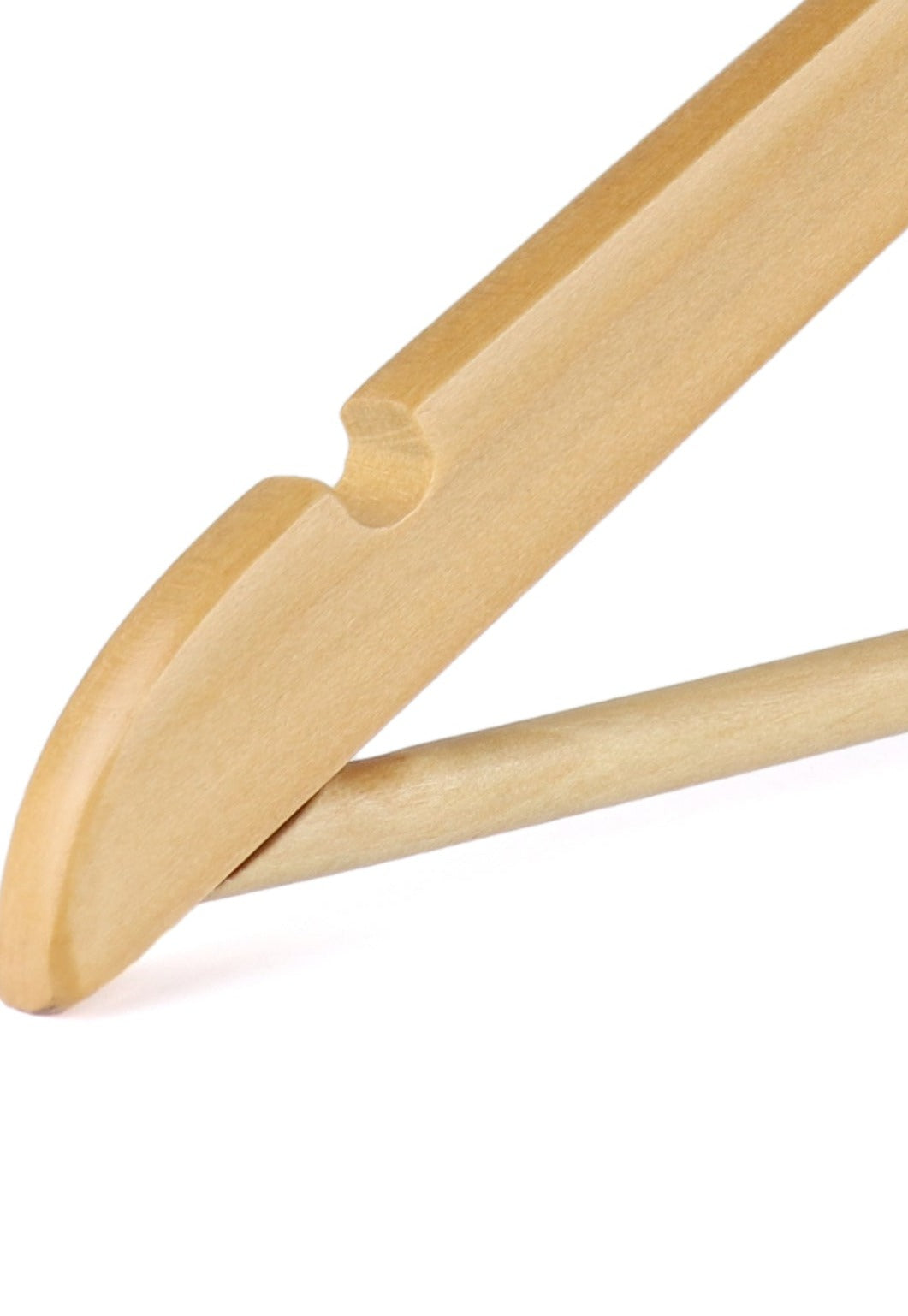 Close-up image of a varnished-wood Rustic Motifs Wooden Natural Top With Bar 44cm. The hanger features notches on the shoulder seams for holding straps and a straight bottom trouser bar for hanging pants or other clothing items. The light wood finish gives it a minimalist and natural appearance.